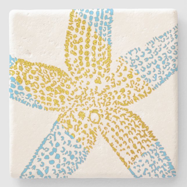 Dessous-de-verre En Pierre Starfish Beach Sky Blue Glitt Or Blanc Cute (Devant)