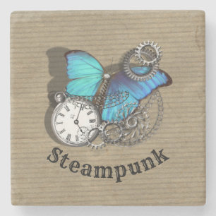 Dessous-de-verre En Pierre Steam Punk Blue Butterfly Pocket Watch Design