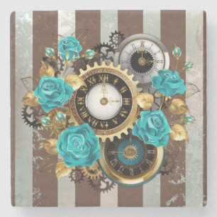 Dessous-de-verre En Pierre Steampunk Clock and Turquoise Roses on Striped