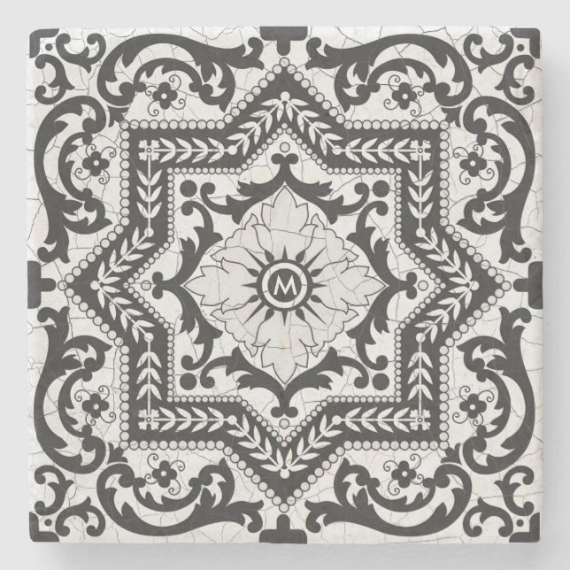 Dessous-de-verre En Pierre Style azulejo en céramique noire et blanche (Devant)