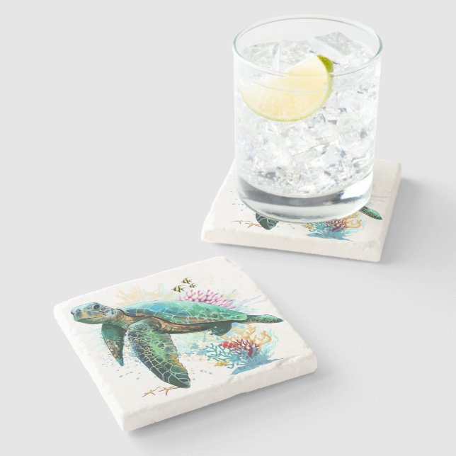 Dessous-de-verre En Pierre Style d'aquarelle sous-marine de tortue marine (Côté)