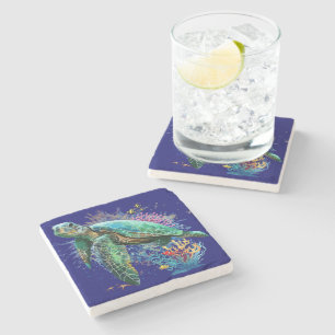 Dessous-de-verre En Pierre Style d'aquarelle sous-marine de tortue marine