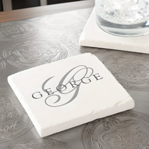 Dessous-de-verre En Pierre Stylé Monogramme Initiales Nom Script Noir Gris