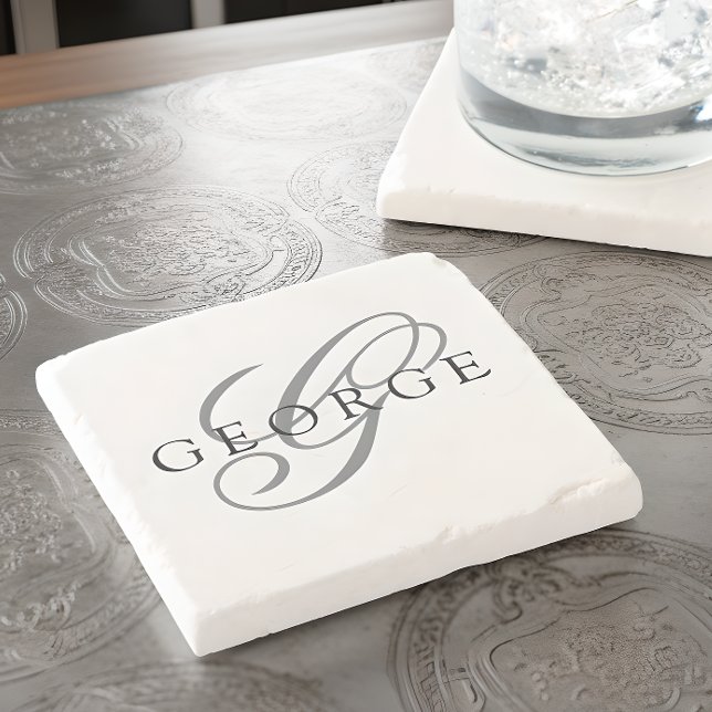 Dessous-de-verre En Pierre Stylé Monogramme Initiales Nom Script Noir Gris (Créateur téléchargé)