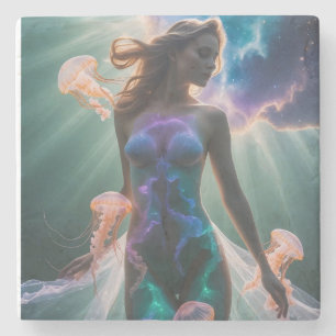 Dessous-de-verre En Pierre Surreal Double Exposure of Woman and Jellyfish in