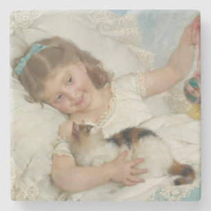 Dessous-de-verre En Pierre Sweet Young Girl Jouant Avec Son Chat Pour Animaux