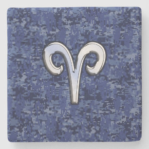 Dessous-de-verre En Pierre Symbole Zodiac Aries sur Camo numérique bleu marin