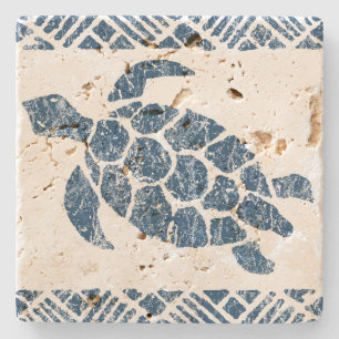 Dessous-de-verre En Pierre Tapa hawaïen de tortue de mer de Honu - indigo