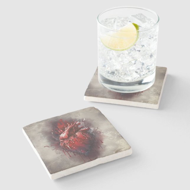 Dessous-de-verre En Pierre Técherie | Coeur avec goutte rouge et or saignant (Côté)