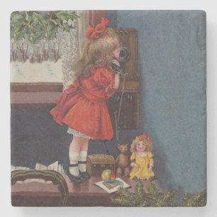 Dessous-de-verre En Pierre Téléphone Antique de Petite Fille de Noël