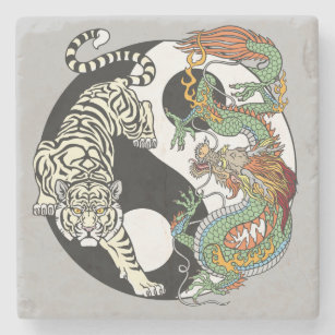 Dessous-de-verre En Pierre Tigre blanc contre dragon vert au Yin yang
