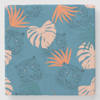 Dessous-de-verre En Pierre Tigres tropicaux Feuilles Bleu profond