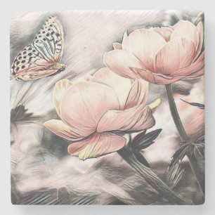 Dessous-de-verre En Pierre Tirage vintage Papillon Rose rose et gris