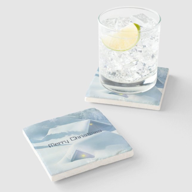 Dessous-de-verre En Pierre Toits couverts de neige scintillante (Côté)