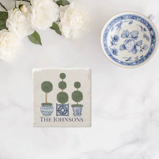 Dessous-de-verre En Pierre Topiary Tree Chinoiserie Trio (Chinoiserie topiary tree personalized garden lover stone coaster)