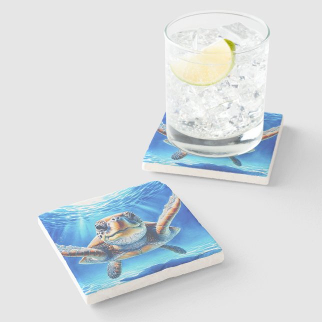 Dessous-de-verre En Pierre Tortue de mer curieuse  (Côté)