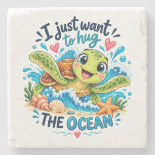 Dessous-de-verre En Pierre Tortue de mer mignonne, design océan à enlacer