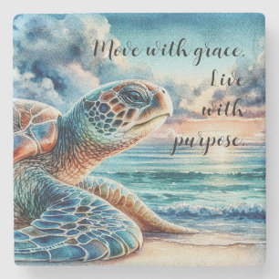 Dessous-de-verre En Pierre Tortue de mer verte à l'aquarelle - Plage de sable