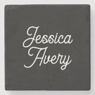 Dessous-de-verre En Pierre Tout nom   Élégant Vintage blanc Script sur noir