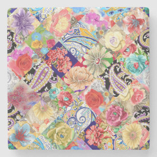 Dessous-de-verre En Pierre Tropical motif floral, couleurs vives.