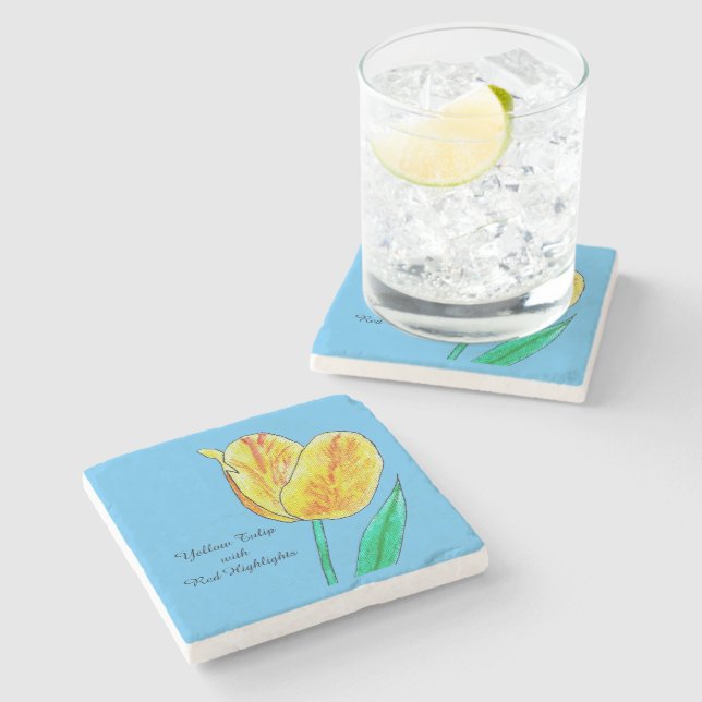 Dessous-de-verre En Pierre Tulipe jaune reflets rouges  (Côté)