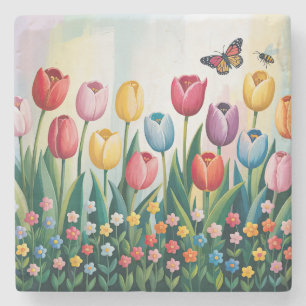 Dessous-de-verre En Pierre Tulipes et papillons de printemps Floral coloré