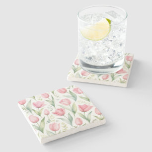 Dessous-de-verre En Pierre Tulipes roses Peinture florale aquarelle botanique