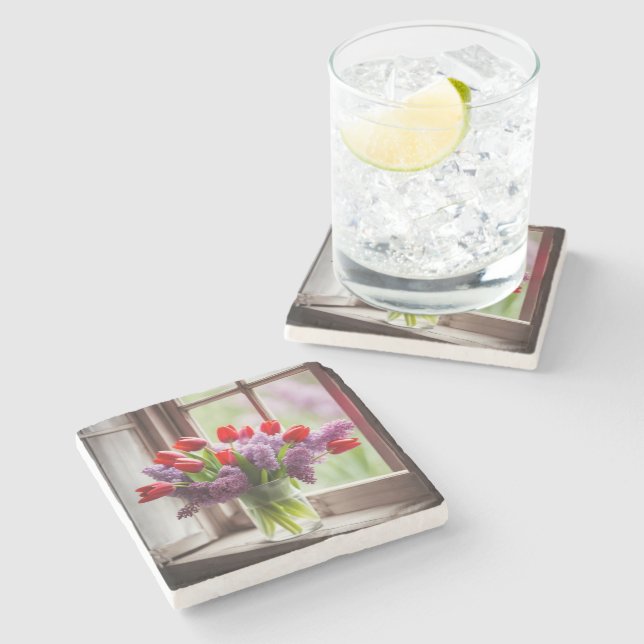 Dessous-de-verre En Pierre Tulipes rouges et Bouquet Lilac (Côté)