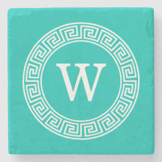 Dessous-de-verre En Pierre Turquoise Blanc Clé grecque Cadre Ronde Monogramme