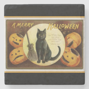 Dessous-de-verre En Pierre Un joyeux chat noir d'Halloween et noir Citrouille