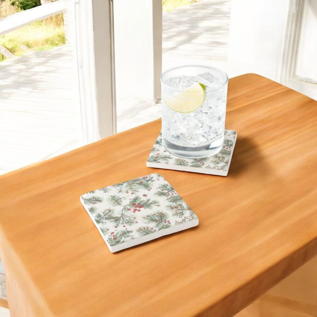 Dessous-de-verre En Pierre Vacances Pine et Baies rouges Design (Créateur téléchargé)