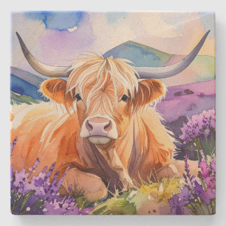 Dessous-de-verre En Pierre Vache Highland dans l'aquarelle de Heather violett
