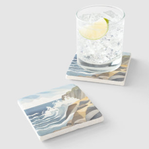 Dessous-de-verre En Pierre Vagues déferlantes   Aquarelle de rivage côtier ro