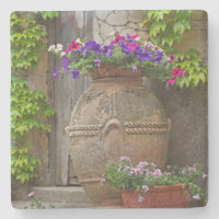 VASE RUSTIQUE AVEC PETUNIAS ROSE, PURPLE ET BLANC