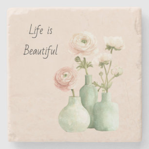 Dessous-de-verre En Pierre Vase Vert Fleurs de Renoncule Rose