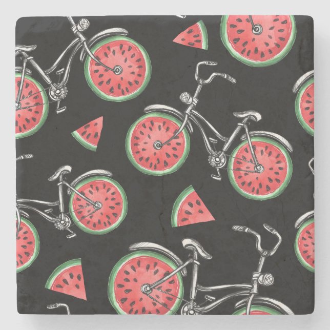 Dessous-de-verre En Pierre Vélos à roue de pastèque, motif d'été. (Devant)