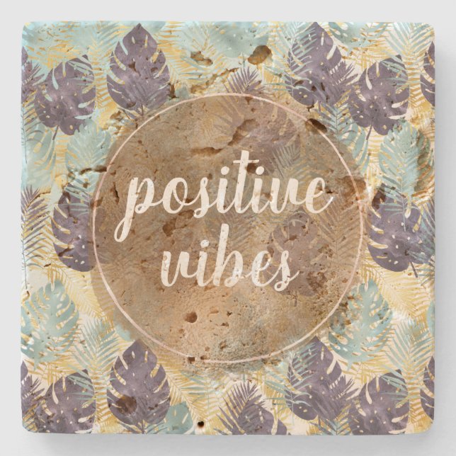 Dessous-de-verre En Pierre Vibes positives Feuilles Tropical Purple Green Gol (Devant)