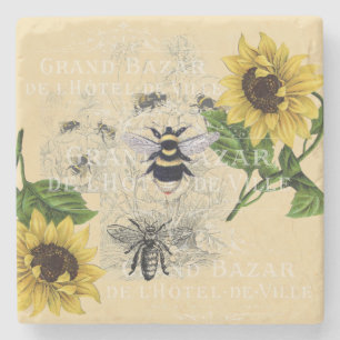 Dessous-de-verre En Pierre Vintage Bee Sunflower Cream Nature Dessous de verr