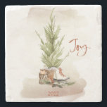 Dessous-de-verre En Pierre Vintage Christmas Joy Holiday<br><div class="desc">Design présente une belle scène vintage de cadeaux de Noël sous l'arbre avec le mot Joy dans un script de pinceau de calligraphie festive. Ajoutez simplement l'année et faites-en le cadeau parfait pour cette saison des Fêtes.</div>