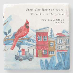 DESSOUS-DE-VERRE EN PIERRE VINTAGE CHRISTMAS TOWN RED CARDINAL PERSONNALISÉ