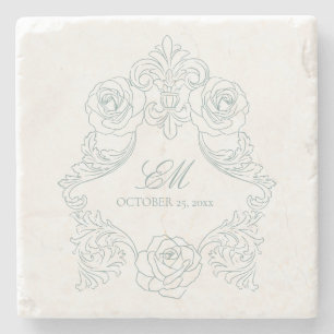 Dessous-de-verre En Pierre Vintage Crest Monogramme Dusty Blue Mariage Logo
