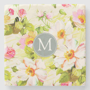 Dessous-de-verre En Pierre Vintage Floral Rose Peonies Monogramme Dessous de