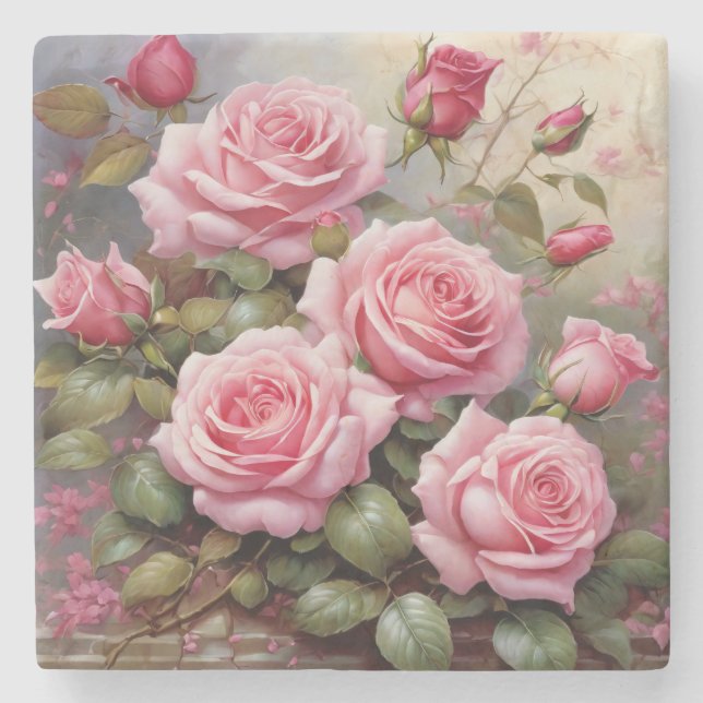Dessous-de-verre En Pierre Vintage Pink Roses (Devant)