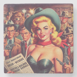 Dessous-de-verre En Pierre Vintage Western Pulp Girl