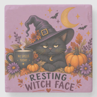Dessous-de-verre En Pierre Visage de Sorcière au Repos Chat Noir Halloween