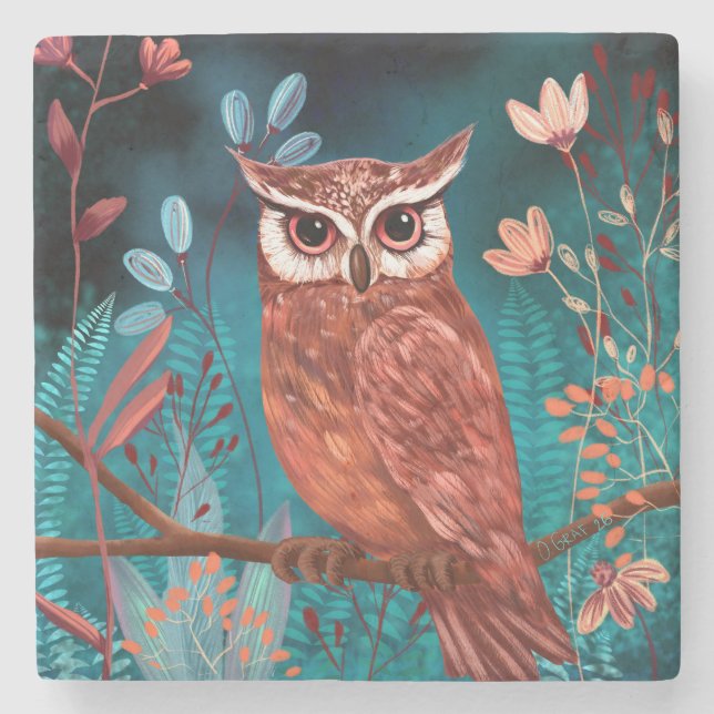 Dessous-de-verre En Pierre Vom Künstler handillustrierte Eule – Boho Natur (Devant)