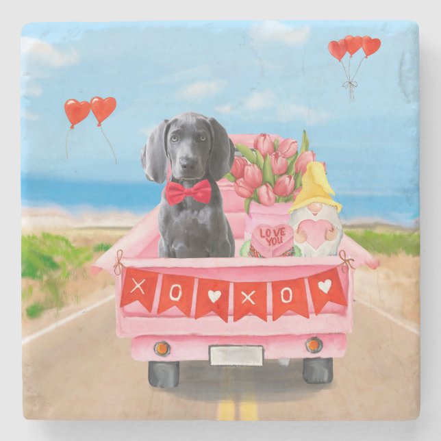 Dessous-de-verre En Pierre Weimaraner Chien Valentine's Day Coeurs de camion (Devant)