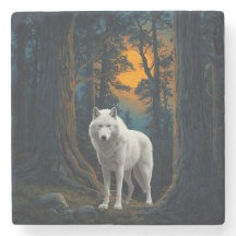 Wild White Wolf Under Moonlight Forest Animal