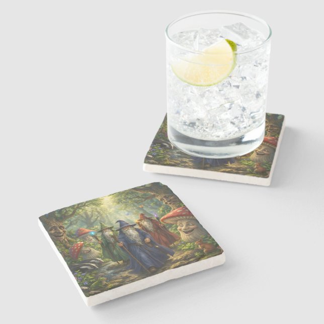 Dessous-de-verre En Pierre Wizard and forest mushroom fantasy stone coaster d (Côté)
