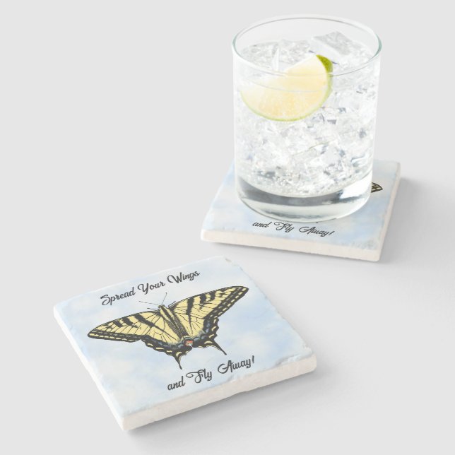 Dessous-de-verre En Pierre Yellow Swallowtail Butterfly Blue Sky Personalized (Côté)
